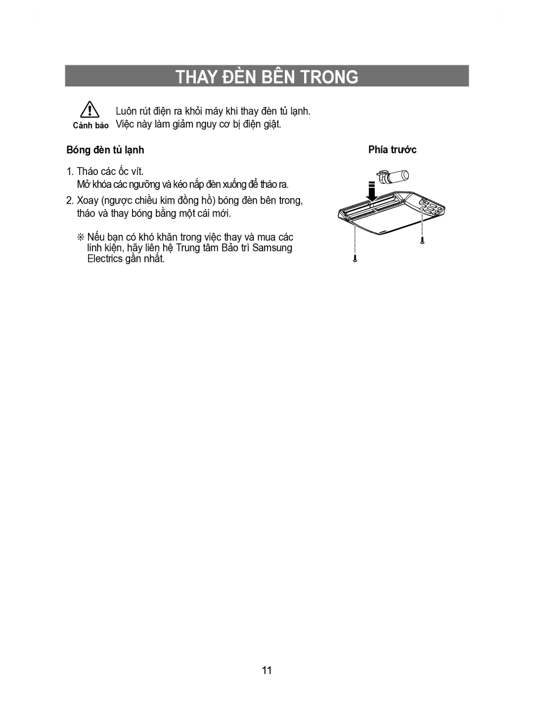 Samsung RT53EASM1/XSV manual Thay ĐÈN BÊN Trong, Bóng đèn tủ lạnh Phía trước 