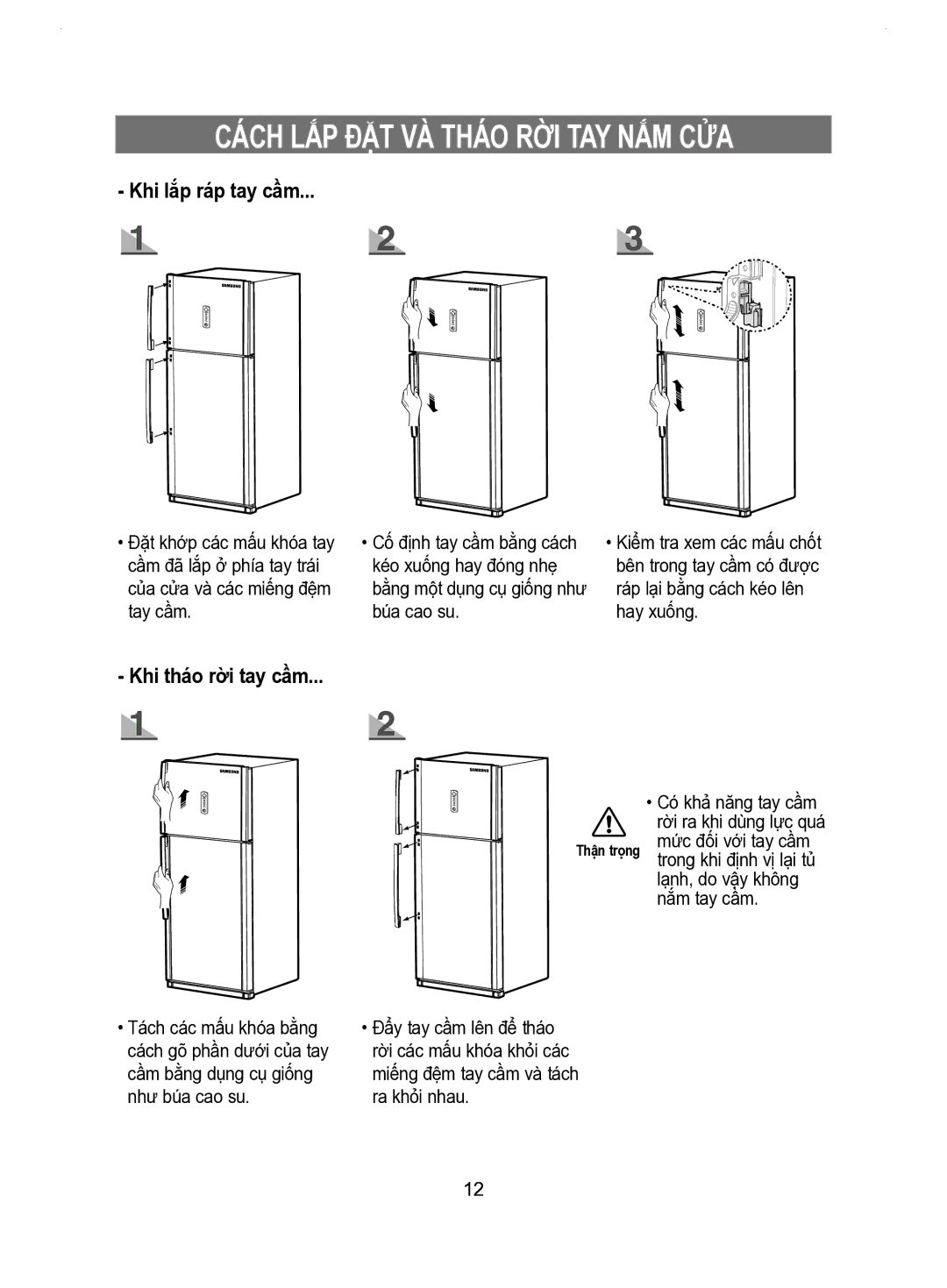 Samsung RT53EASM1/XSV manual Cách LẮP ĐẶT VÀ Tháo RỜI TAY NẮM CỬA 