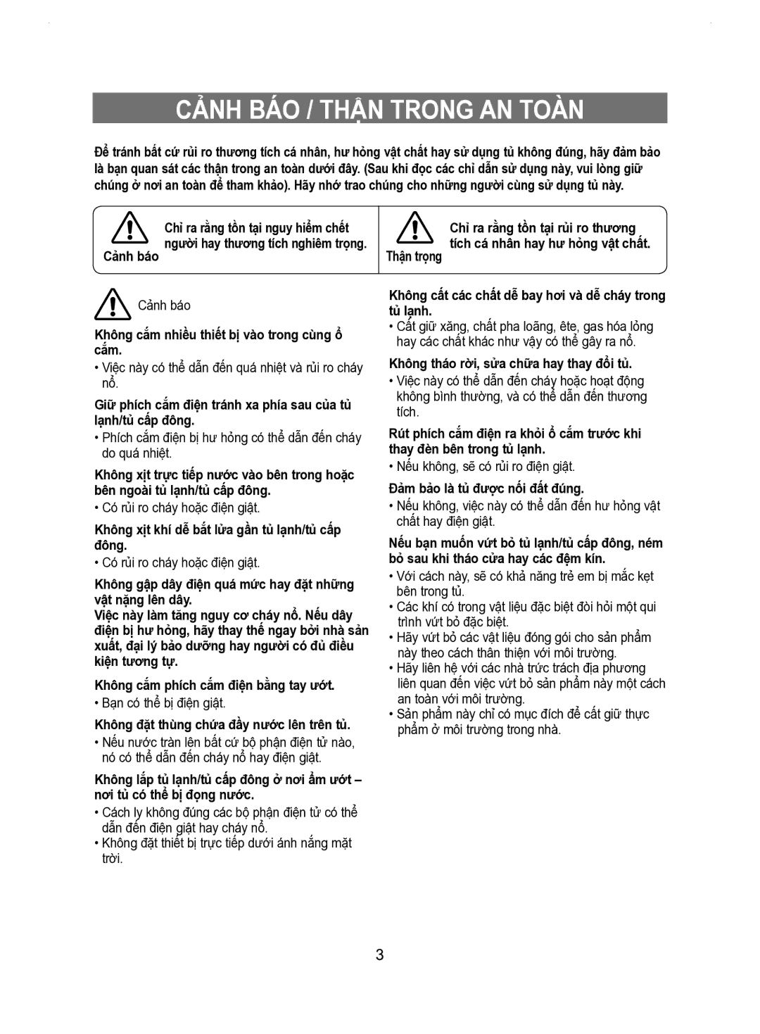 Samsung RT53EASM1/XSV manual Cảnh BÁO / Thận Trong AN Toàn 