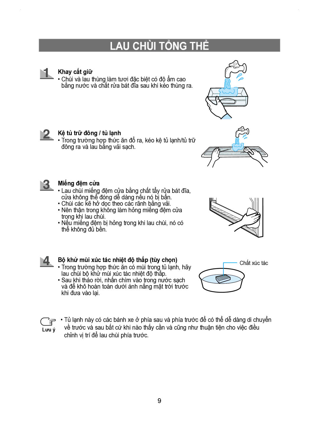 Samsung RT53EASM1/XSV manual LAU Chùi Tổng THỂ, Khay cất giữ, Kệ tủ trữ đông / tủ lạnh, Miếng đệm cửa 