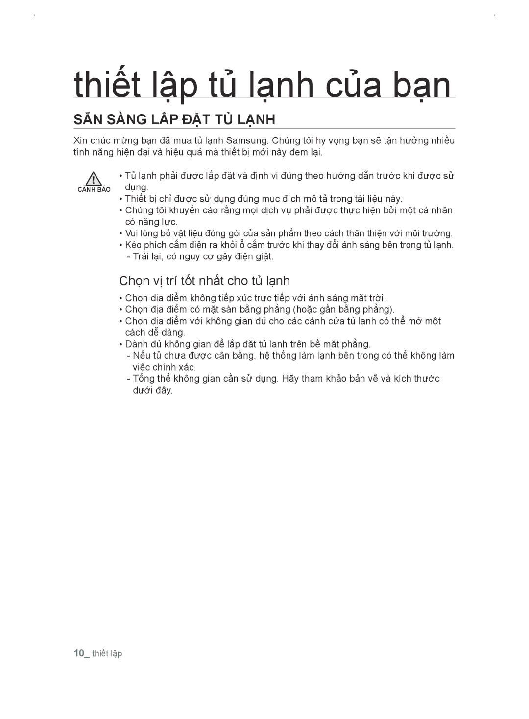 Samsung RT54EBPN1/XSV manual Thiết lập tủ lạnh của bạn, Sẵn sàng lắp đặt tủ lạnh, Chọn vị trí tốt nhất cho tủ lạnh 