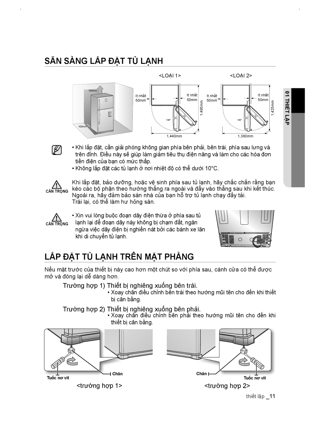 Samsung RT54EBPN1/XSV manual Lắp đặt tủ lạnh trên mặt phẳng, Trường hợp 2 Thiết bị nghiêng xuống bên phải 