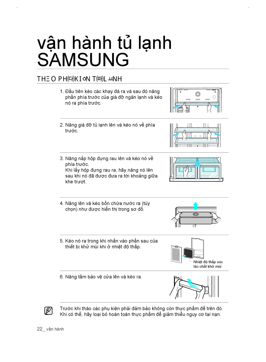 Samsung RT54EBPN1/XSV manual Tháo PHỤ Kiện TỦ Lạnh, Nâng tấm bảo vệ cửa lên và kéo ra 