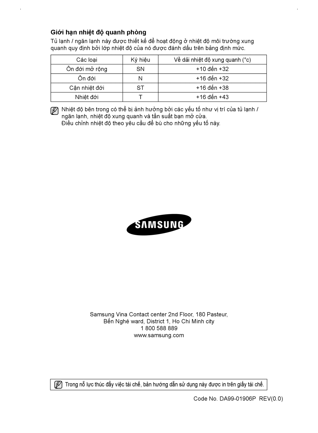 Samsung RT54EBPN1/XSV manual Giới hạn nhiệt độ quanh phòng 