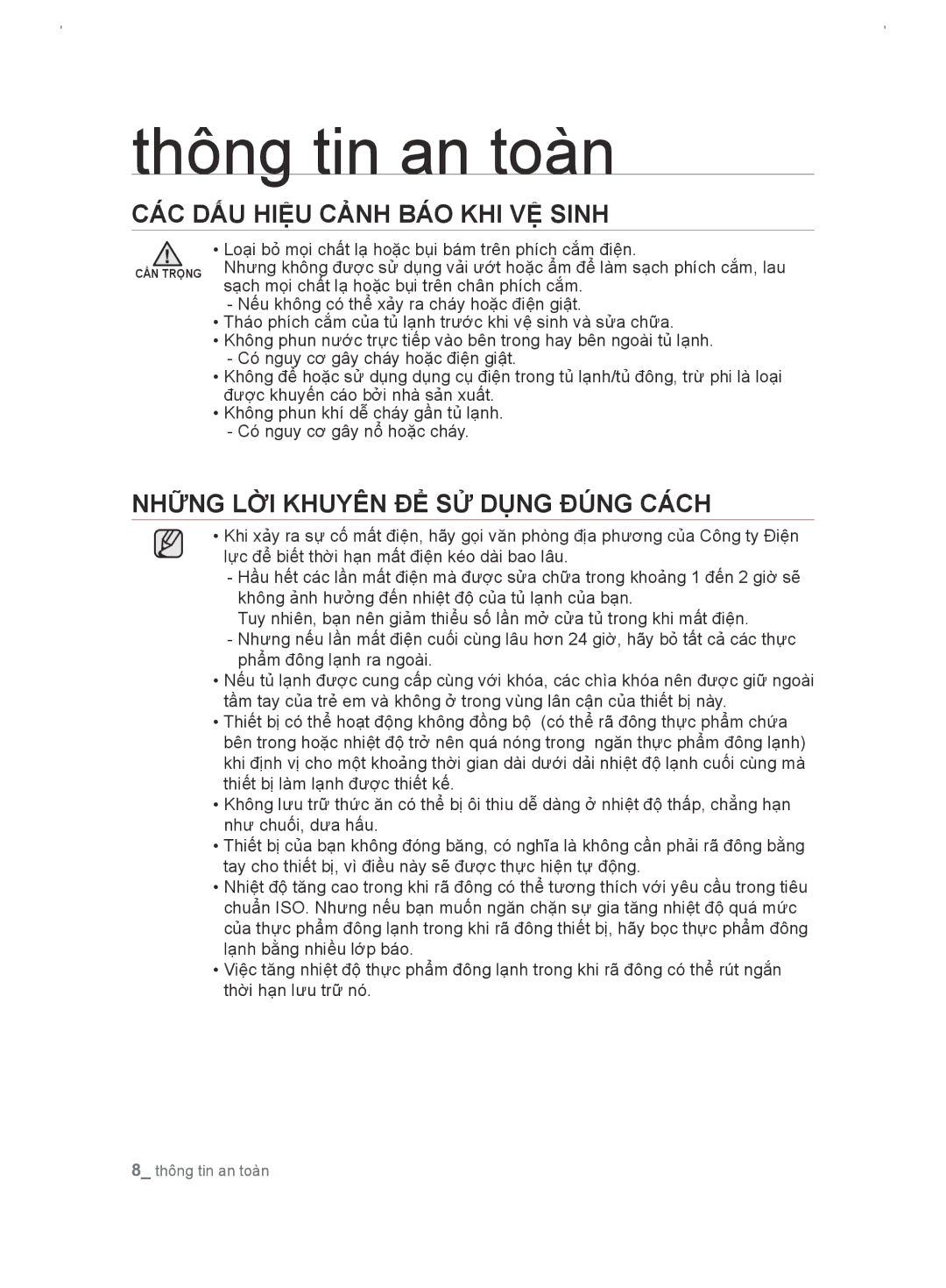 Samsung RT54EBPN1/XSV manual CÁC DẤU Hiệu Cảnh BÁO khi VỆ Sinh, Những lời khuyên để sử dụng đúng cách 