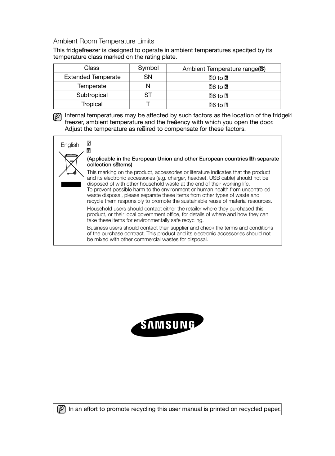 Samsung RT59ZBTS1/EUR, RT54ZBTS1/EUR, RT59ZMSW1/EUR, RT63EBSM1/EUR, RT59ZBSM1/EUR manual Ambient Room Temperature Limits 