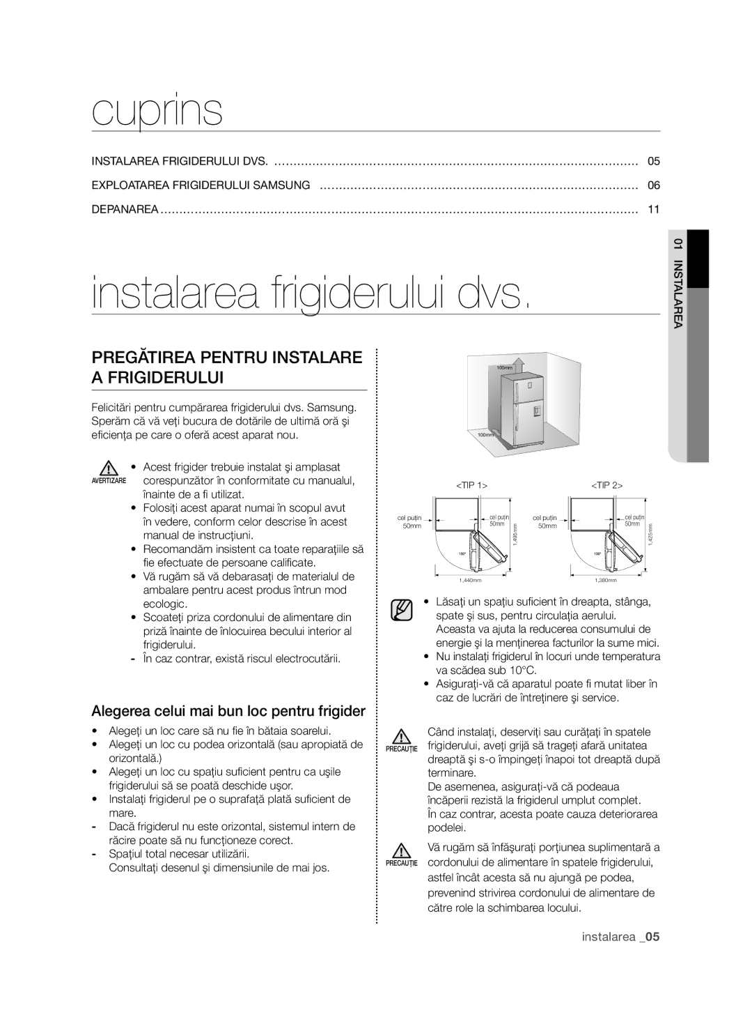 Samsung RT59ZBSM1/EUR, RT54ZBTS1/EUR manual Cuprins, Instalarea frigiderului dvs, PRegĂTiRea penTRU inSTalaRe a fRigideRUlUi 