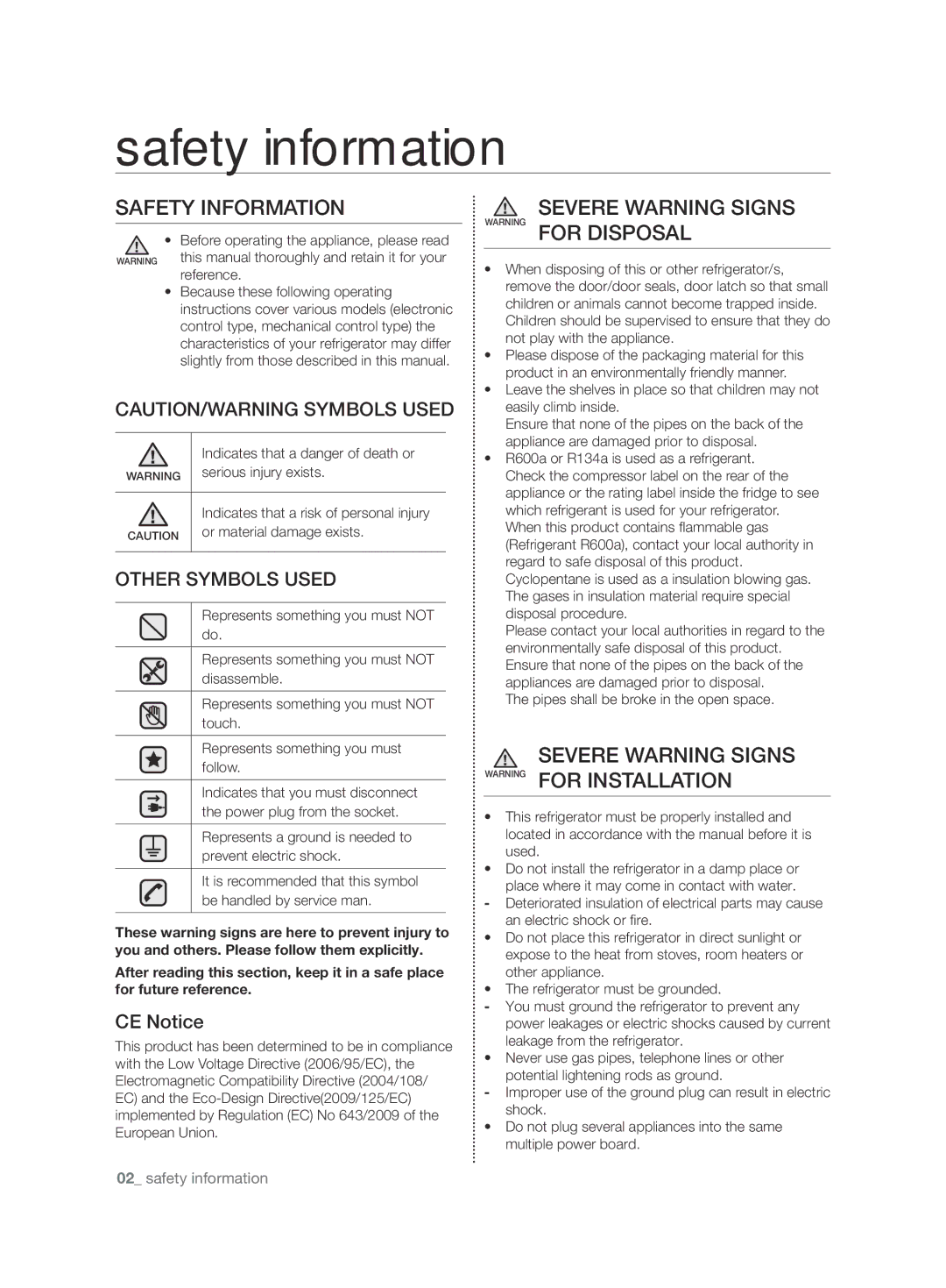 Samsung RT63EBSM1/EUR, RT54ZBTS1/EUR Safety information, Safety Information, SEVErE warning signs Warning for DisPosaL 