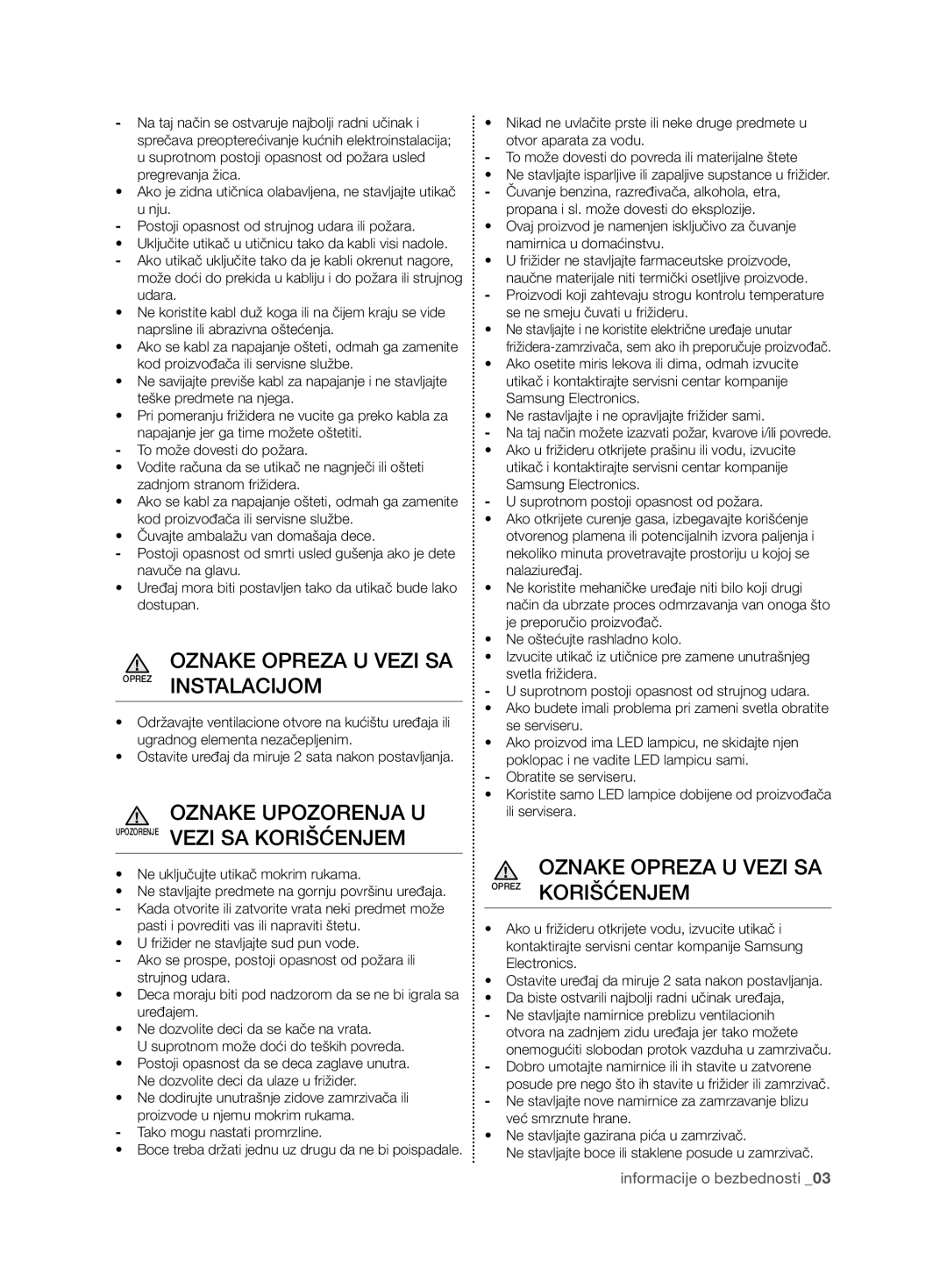 Samsung RT54ZMSW1/EUR manual OZnaKe opReZa U VeZi Sa Oprez inSTalaCijom, OZnaKe UpoZoRenja U Upozorenje VeZi Sa KoRišĆenjem 