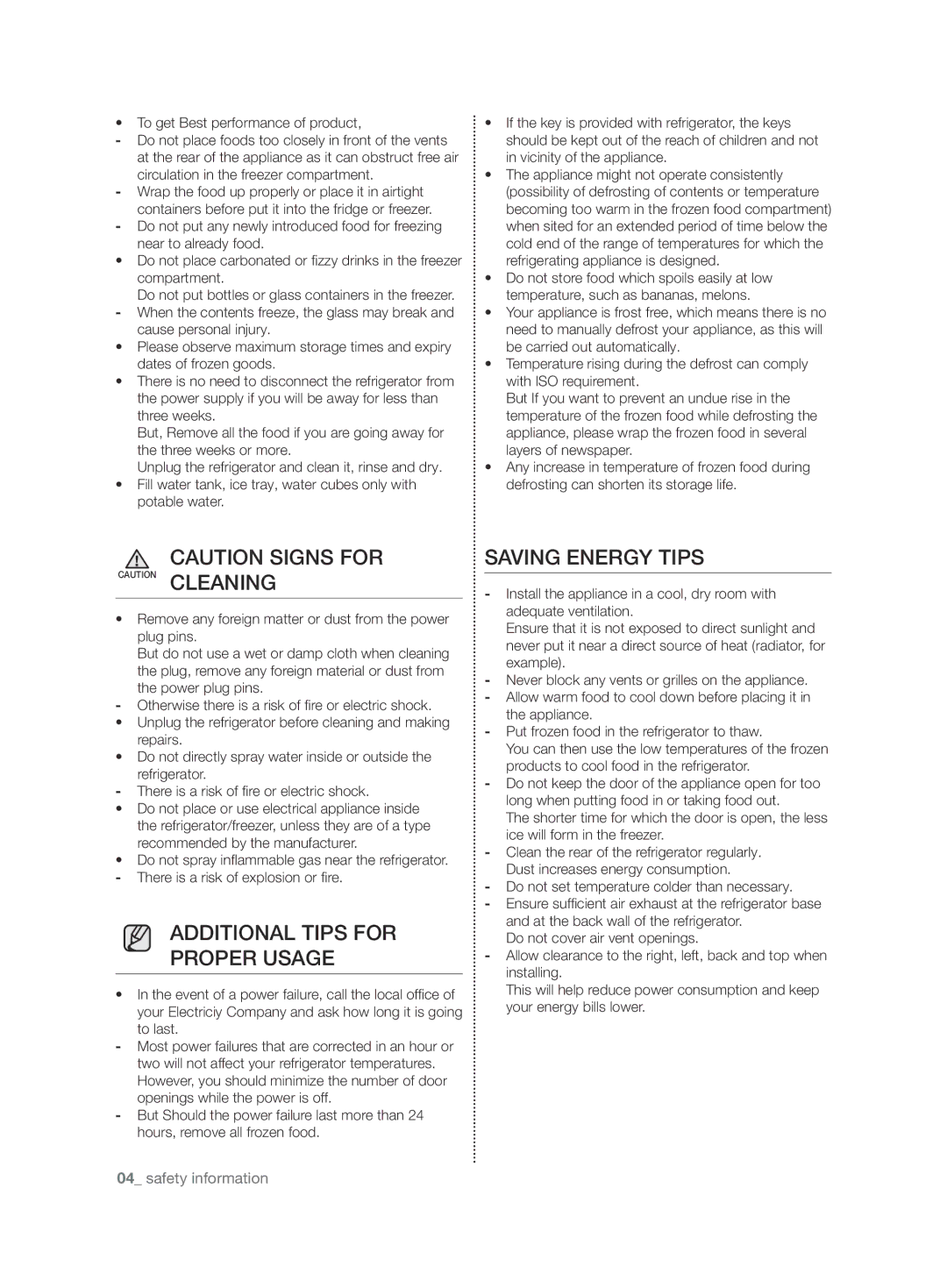 Samsung RT54ZMSW1/EUR manual ADDitionaL tiPs for ProPEr usagE, Saving Energy Tips, To get Best performance of product 