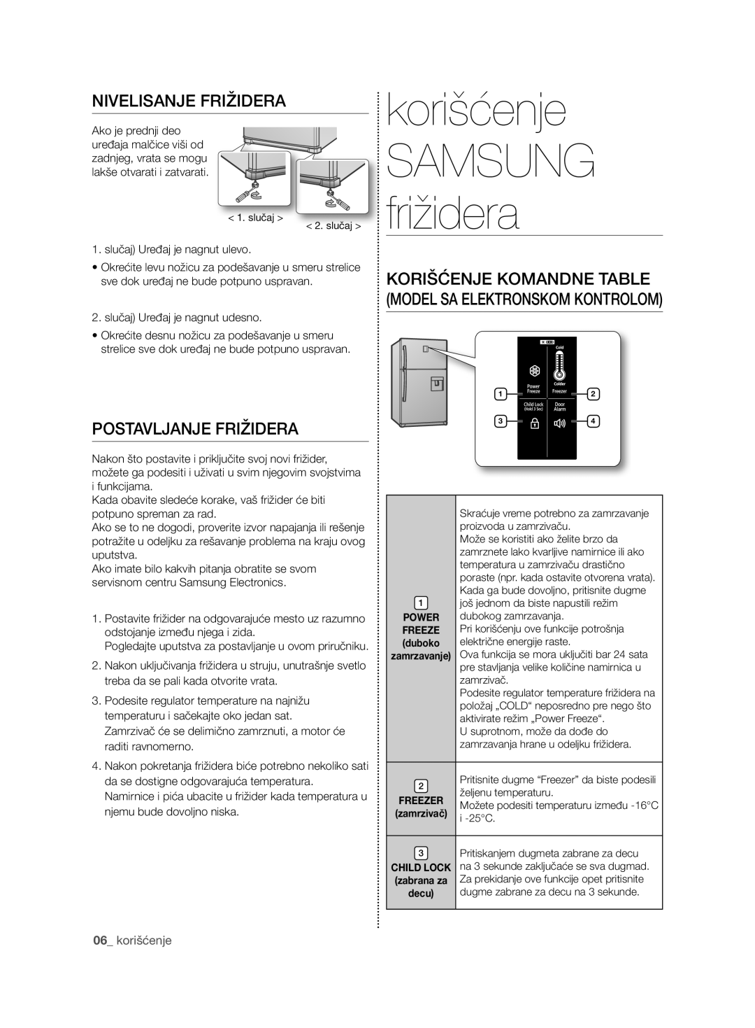 Samsung RT54ZBTS1/EUR, RT59ZMSW1/EUR, RT63EBSM1/EUR, RT59ZBSM1/EUR Korišćenje, NiVeliSanje fRižideRa, PoSTaVljanje fRižideRa 