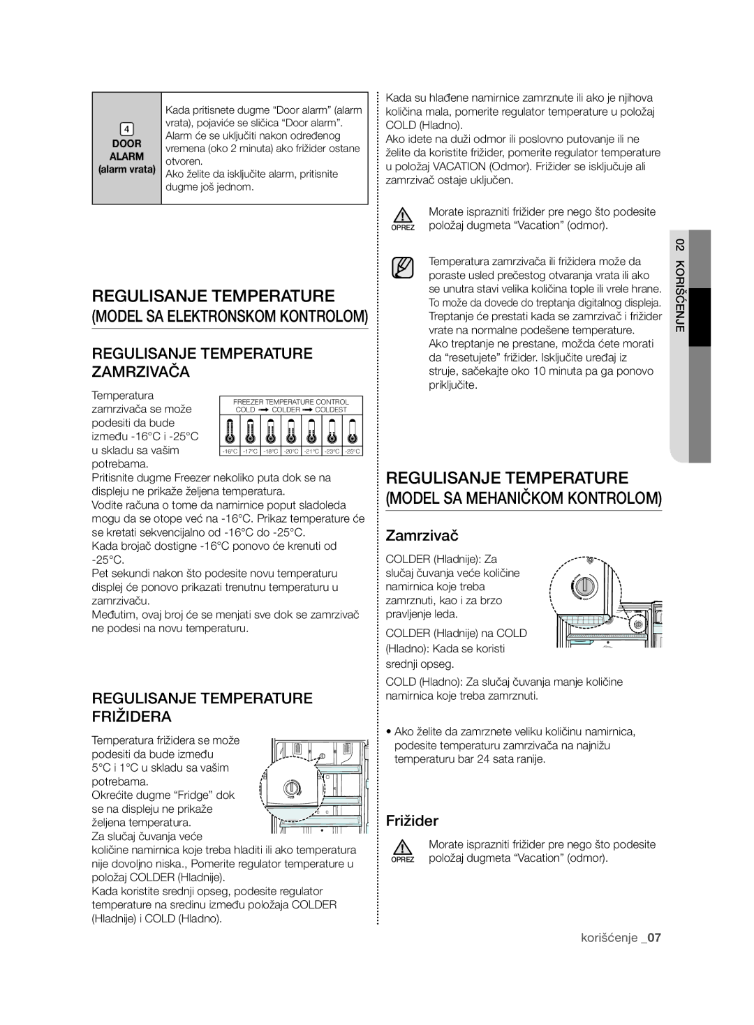 Samsung RT59ZMSW1/EUR manual RegUliSanje TempeRaTURe model Sa eleKTRonSKom KonTRolom, Regulisanje Temperature Zamrzivača 