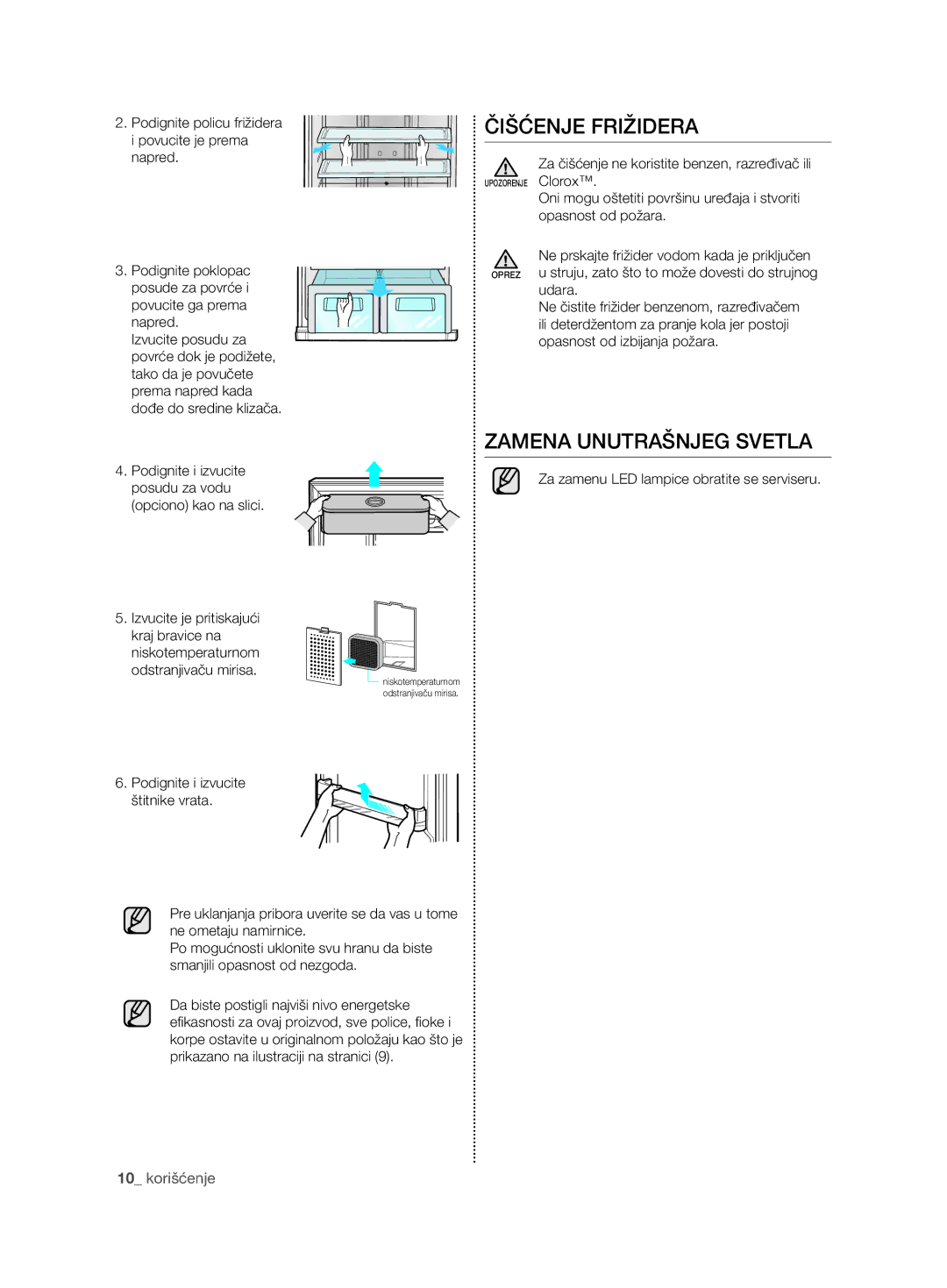 Samsung RT54ZMSW1/EUR, RT54ZBTS1/EUR, RT59ZMSW1/EUR, RT63EBSM1/EUR manual ČišĆenje fRižideRa, Zamena UnUTRašnjeg SVeTla 