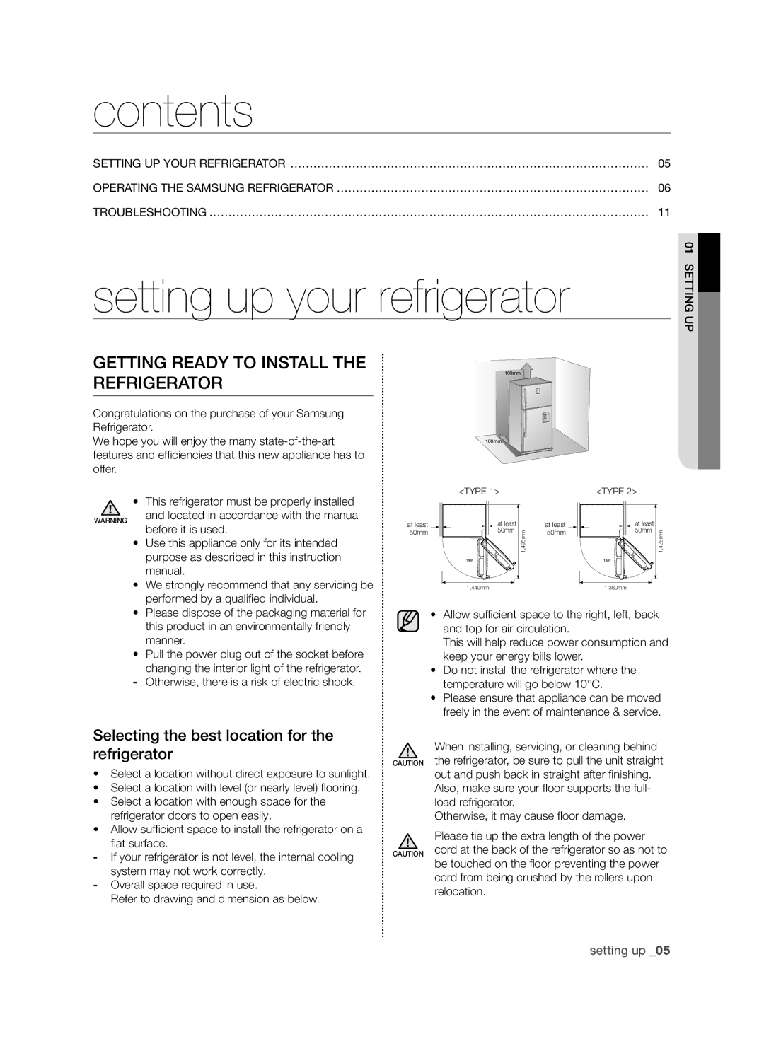 Samsung RT59ZBTS1/EUR, RT54ZBTS1/EUR, RT59ZMSW1/EUR, RT63EBSM1/EUR, RT59ZBSM1/EUR manual Contents, Setting up your refrigerator 