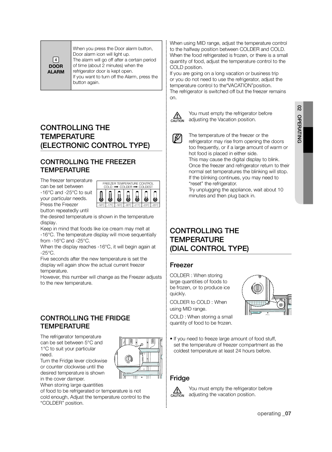 Samsung RT54ZBTS1/EUR ControLLing tHE tEMPEraturE ELECtroniC ControL tyPE, ControLLing tHE tEMPEraturE DiaL ControL tyPE 