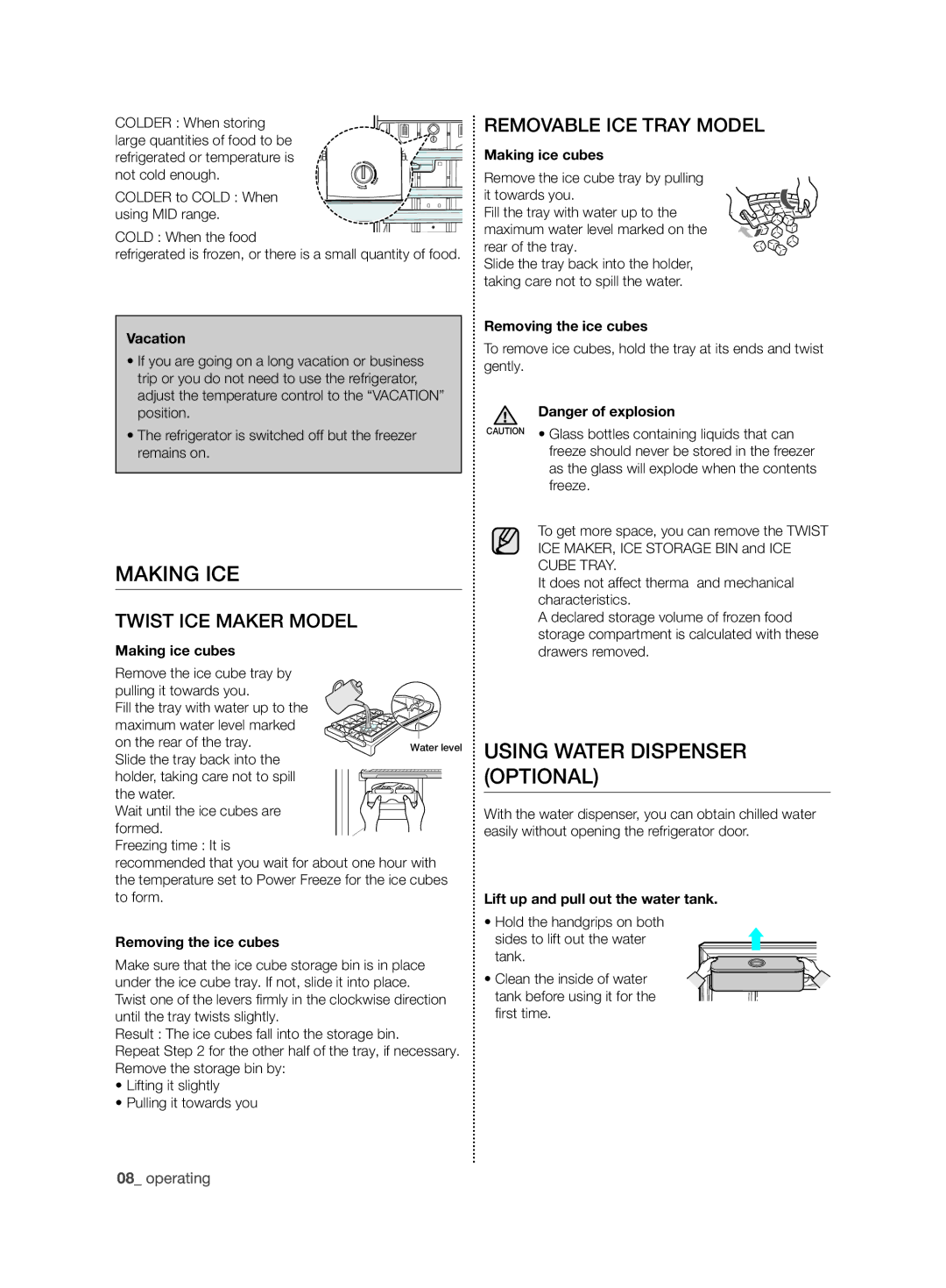 Samsung RT59ZMSW1/EUR manual MaKing iCE, Using watEr DisPEnsEr oPtionaL, Twist ICE Maker Model, Removable ICE Tray Model 