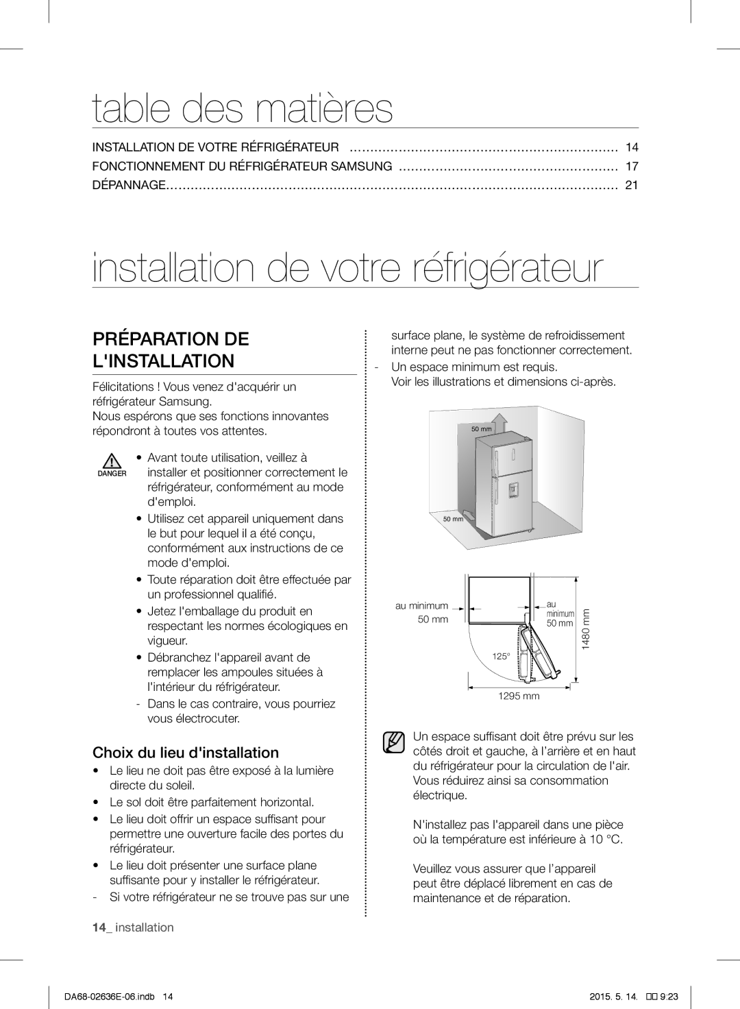 Samsung RT5585ATBSP/ES manual Table des matières, Installation de votre réfrigérateur, Préparation DE, Linstallation 