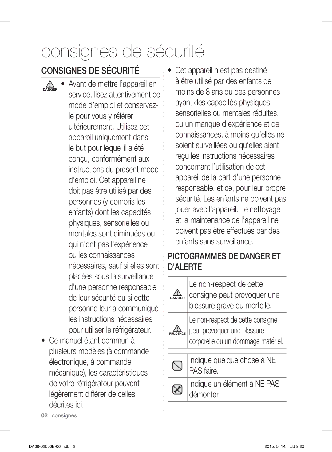 Samsung RT5582ATBSP/EF, RT5562DTBSP/EF, RT5572DTBSP/EF manual Consignes de sécurité, Pictogrammes DE Danger ET Dalerte 