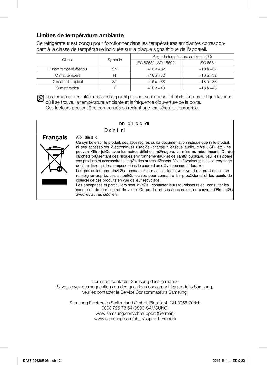 Samsung RT5987ATBSL/ES, RT5562DTBSP/EF, RT5572DTBSP/EF, RT5582ATBSP/EF, RT5982ATBEF/EF manual Limites de température ambiante 