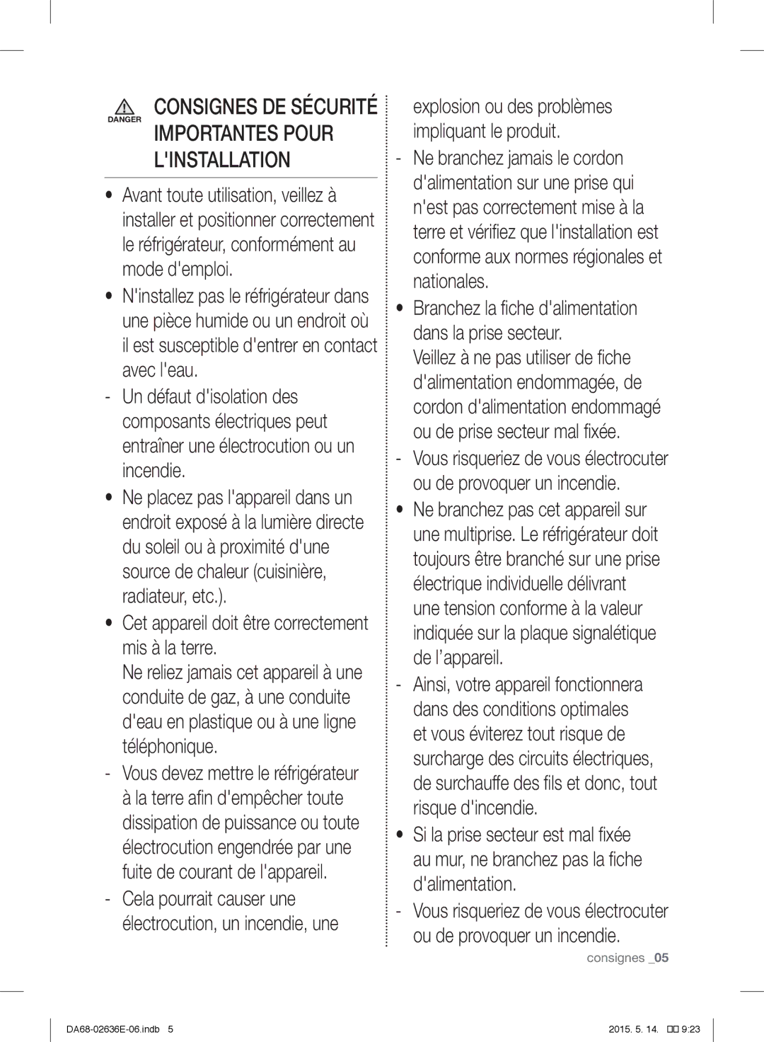 Samsung RT5585ATBSP/ES, RT5562DTBSP/EF, RT5572DTBSP/EF Linstallation, Cet appareil doit être correctement mis à la terre 