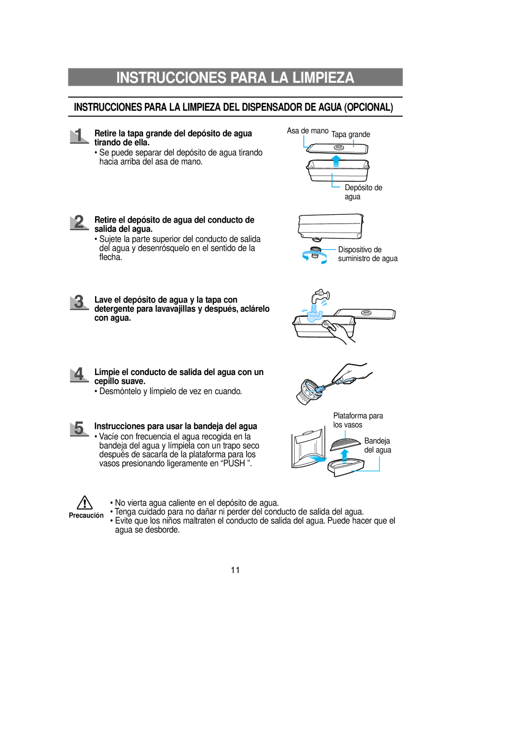 Samsung RT58EAMT1/MAR manual Instrucciones Para LA Limpieza, Retire la tapa grande del depósito de agua tirando de ella 