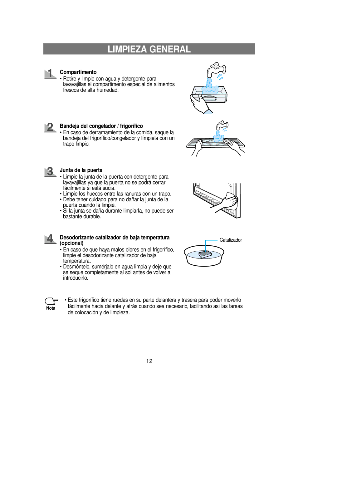 Samsung RT62EASW1/FAL manual Limpieza General, Compartimento, Bandeja del congelador / frigorífico, Junta de la puerta 