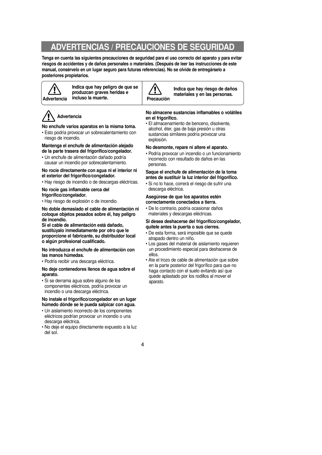 Samsung RT62EASW1/FAL manual Advertencia incluso la muerte, No rocíe gas inflamable cerca del frigorífico/congelador 