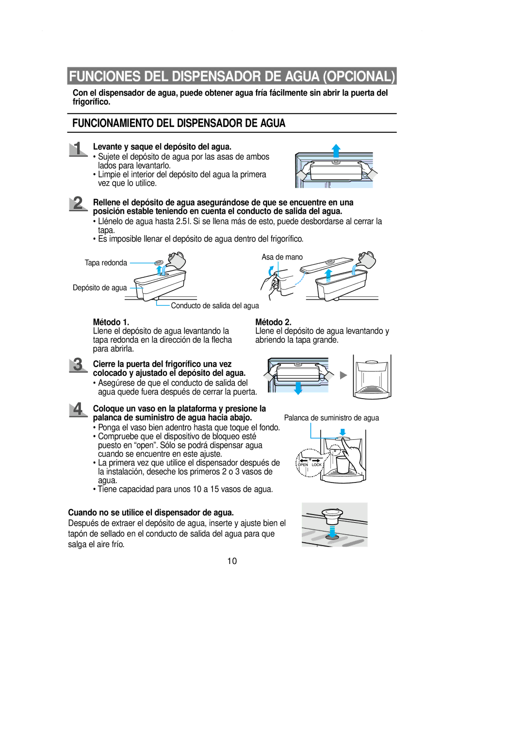 Samsung RT62EASW1/FAL manual Levante y saque el depósito del agua, Método, Palanca de suministro de agua hacia abajo 