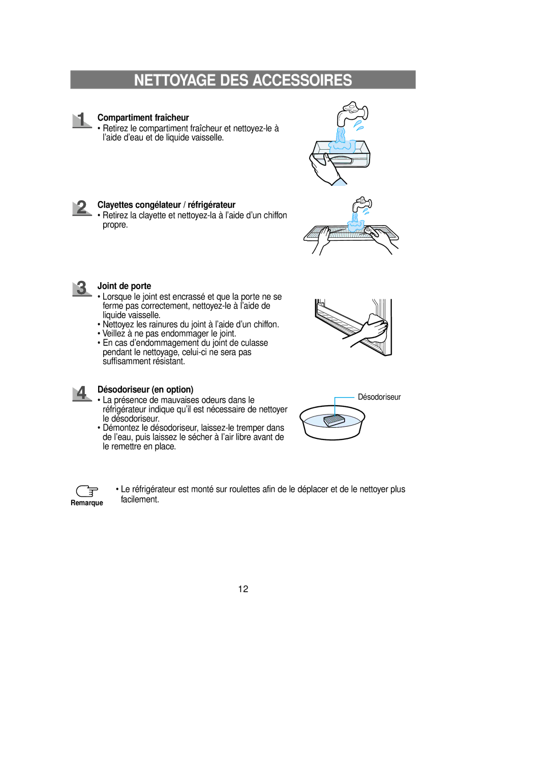 Samsung RT58EASM1/XEF manual Nettoyage DES Accessoires, Compartiment fraîcheur, Clayettes congélateur / réfrigérateur 