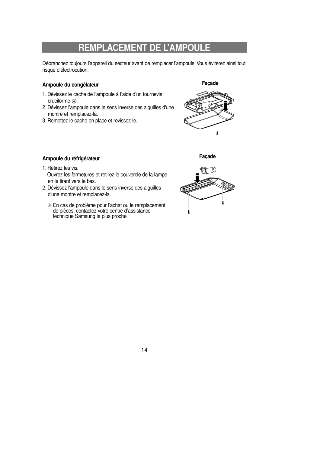 Samsung RT58EASM1/XEF manual Remplacement DE L’AMPOULE, Ampoule du congélateur, Ampoule du réfrigérateur 