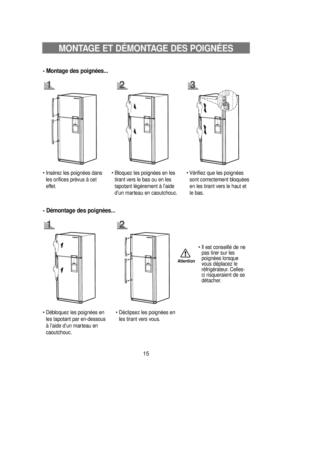 Samsung RT58EASM1/XEF manual Montage ET Démontage DES Poignées, Montage des poignées 