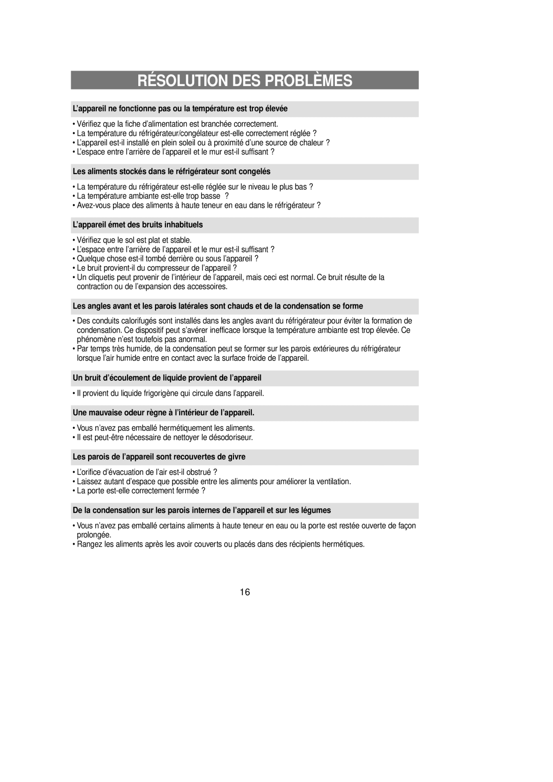 Samsung RT58EASM1/XEF manual Résolution DES Problèmes 