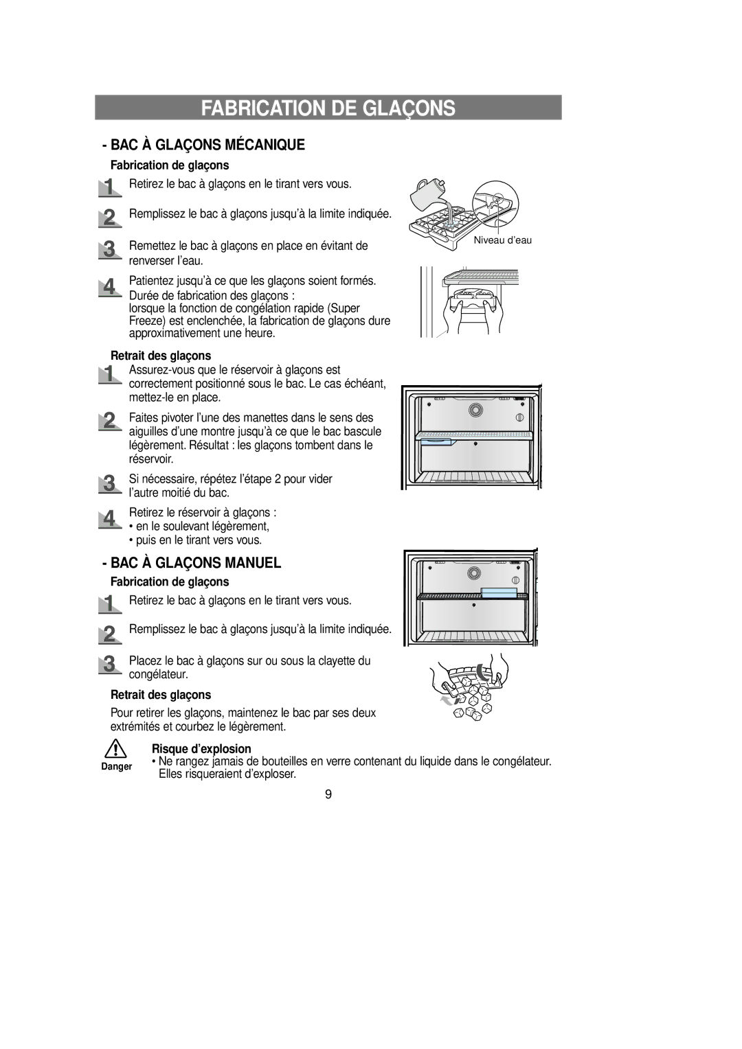 Samsung RT58EASM1/XEF manual Fabrication DE Glaçons, Fabrication de glaçons, Retrait des glaçons, Risque d’explosion 