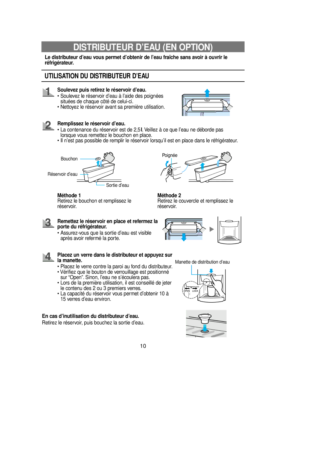 Samsung RT58EASM1/XEF manual Distributeur D’EAU EN Option, Soulevez puis retirez le réservoir d’eau, Méthode 