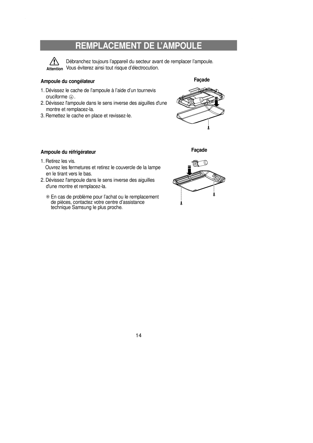 Samsung RT58WASM1/XEF, RT58EASW1/XEF manual Remplacement DE L’AMPOULE, Ampoule du congélateur, Ampoule du réfrigérateur 