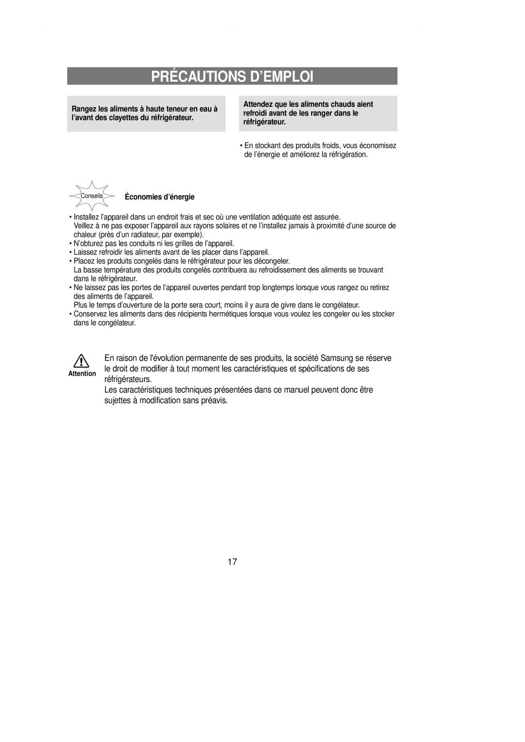 Samsung RT58EASW1/XEF, RT62WAMT1/XEF, RT58WASW1/XEF, RT58WAMT1/XEF, RT62WAMT1/XES, RT58WASM1/XEF manual Précautions D’EMPLOI 