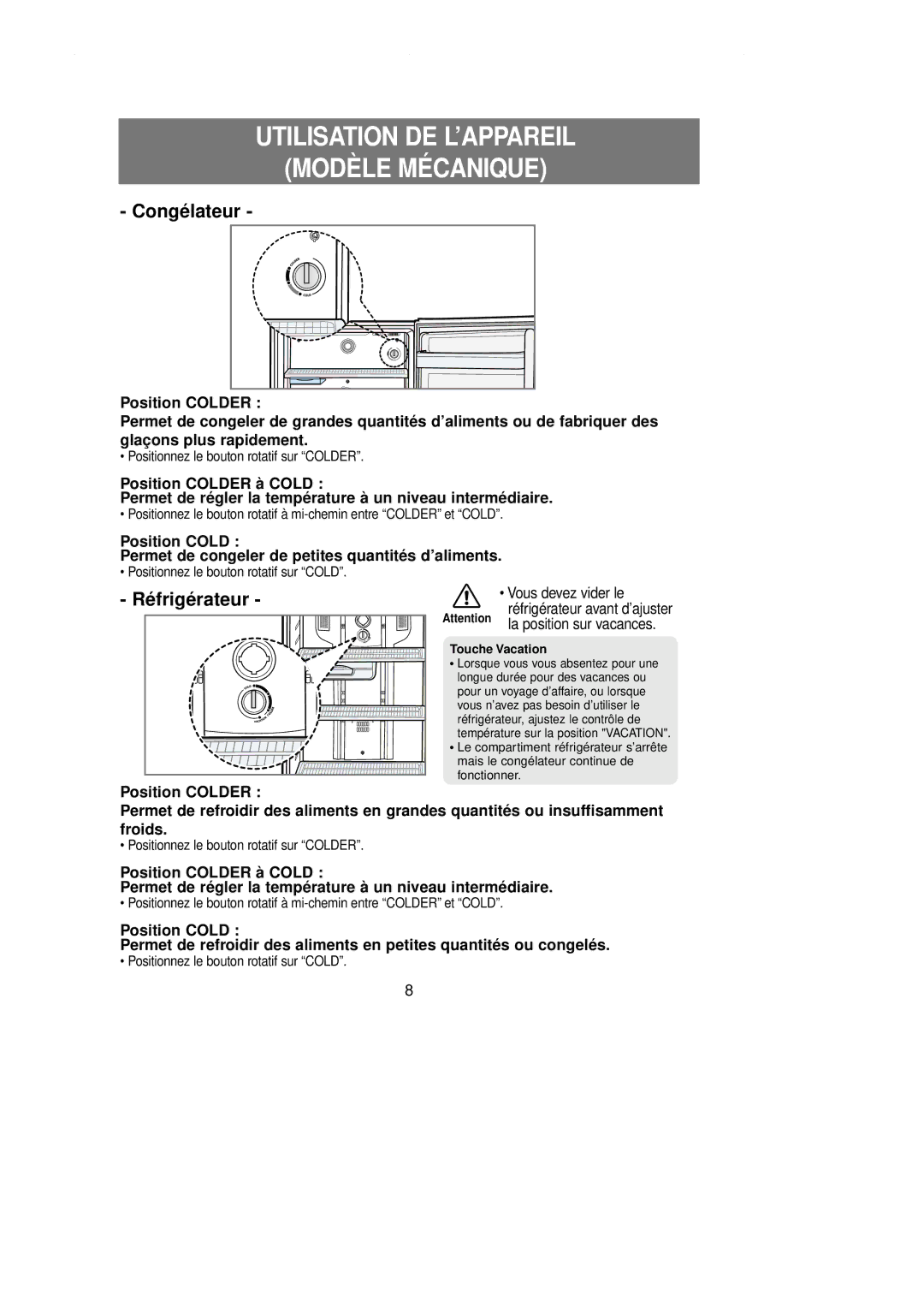 Samsung RT62KAMT1/XEF, RT58EASW1/XEF, RT62WAMT1/XEF, RT58WASW1/XEF, RT58WAMT1/XEF Utilisation DE L’APPAREIL Modèle Mécanique 