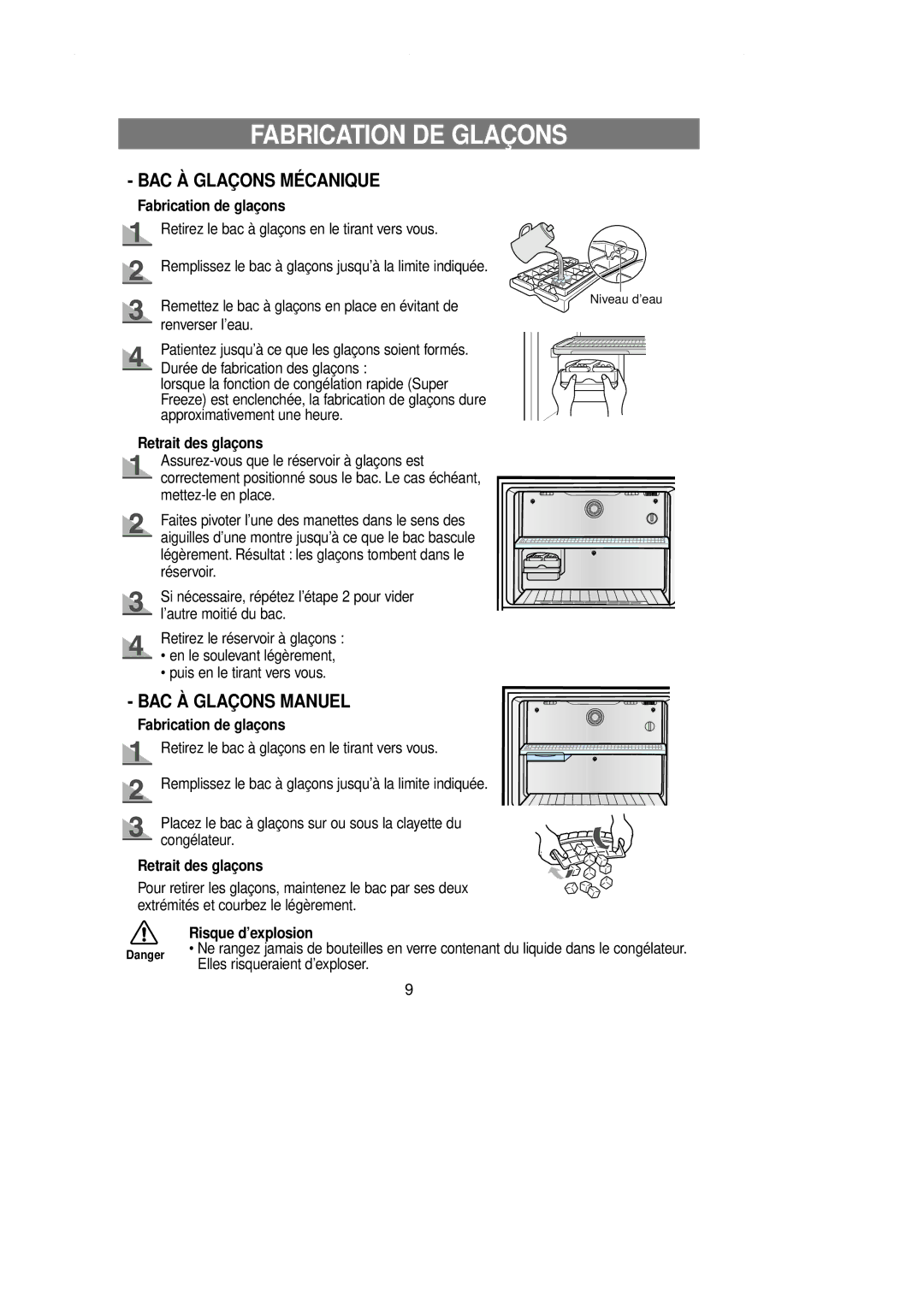 Samsung RT58EASW1/XEF manual Fabrication DE Glaçons, Fabrication de glaçons, Retrait des glaçons, Risque d’explosion 