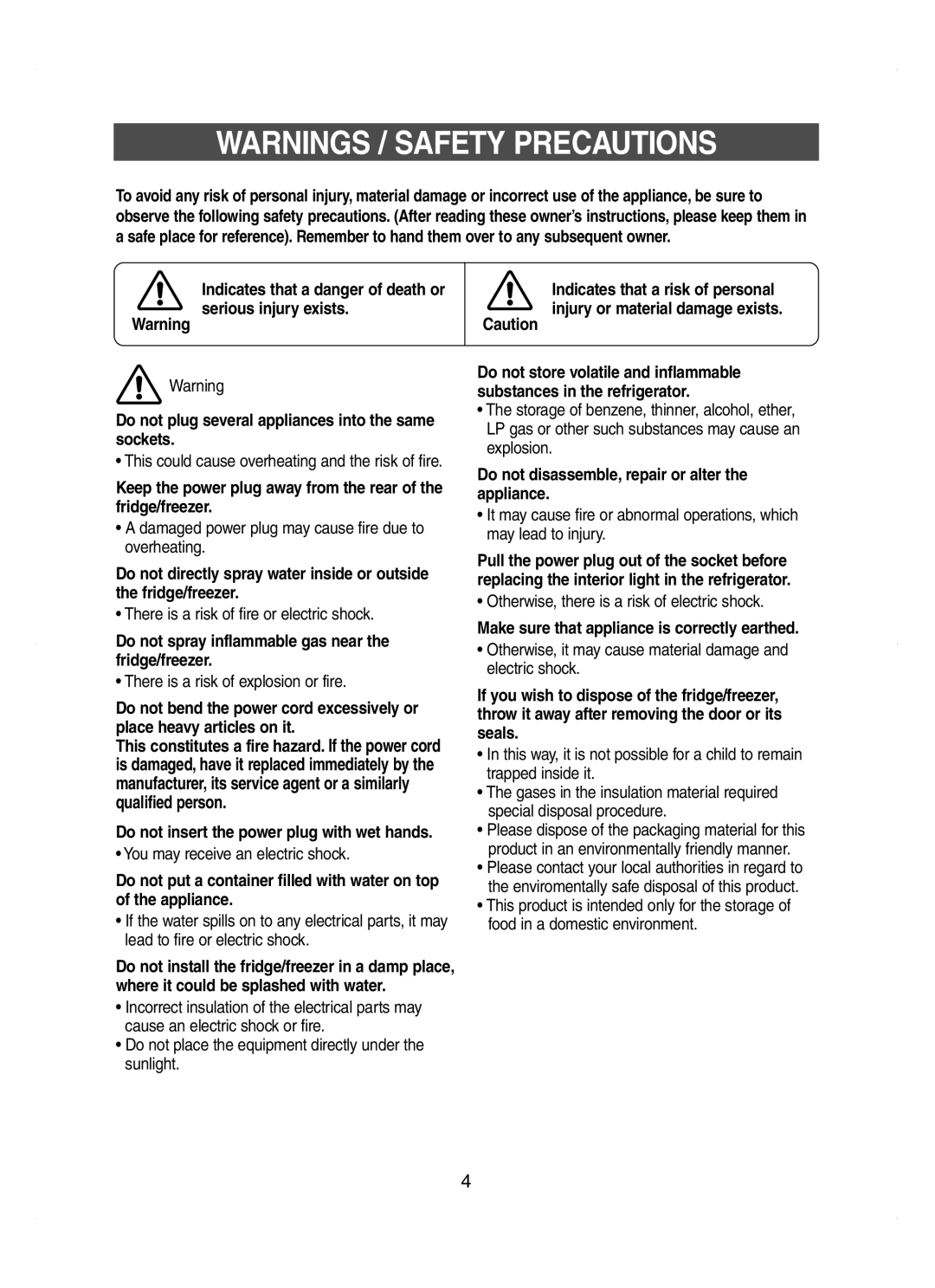 Samsung RT62EASW1/FAL Do not spray inflammable gas near the fridge/freezer, Do not insert the power plug with wet hands 