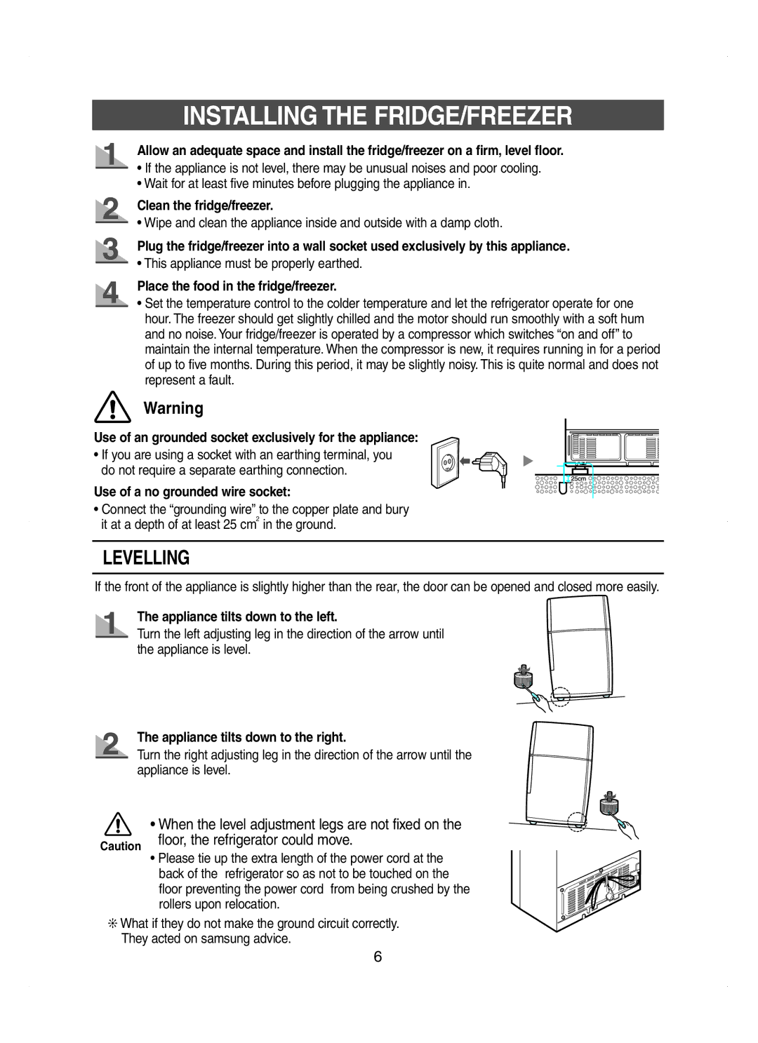 Samsung RT62EANB1/XEK, RT58EASW1/XEF manual Installing the FRIDGE/FREEZER, When the level adjustment legs are not fixed on 