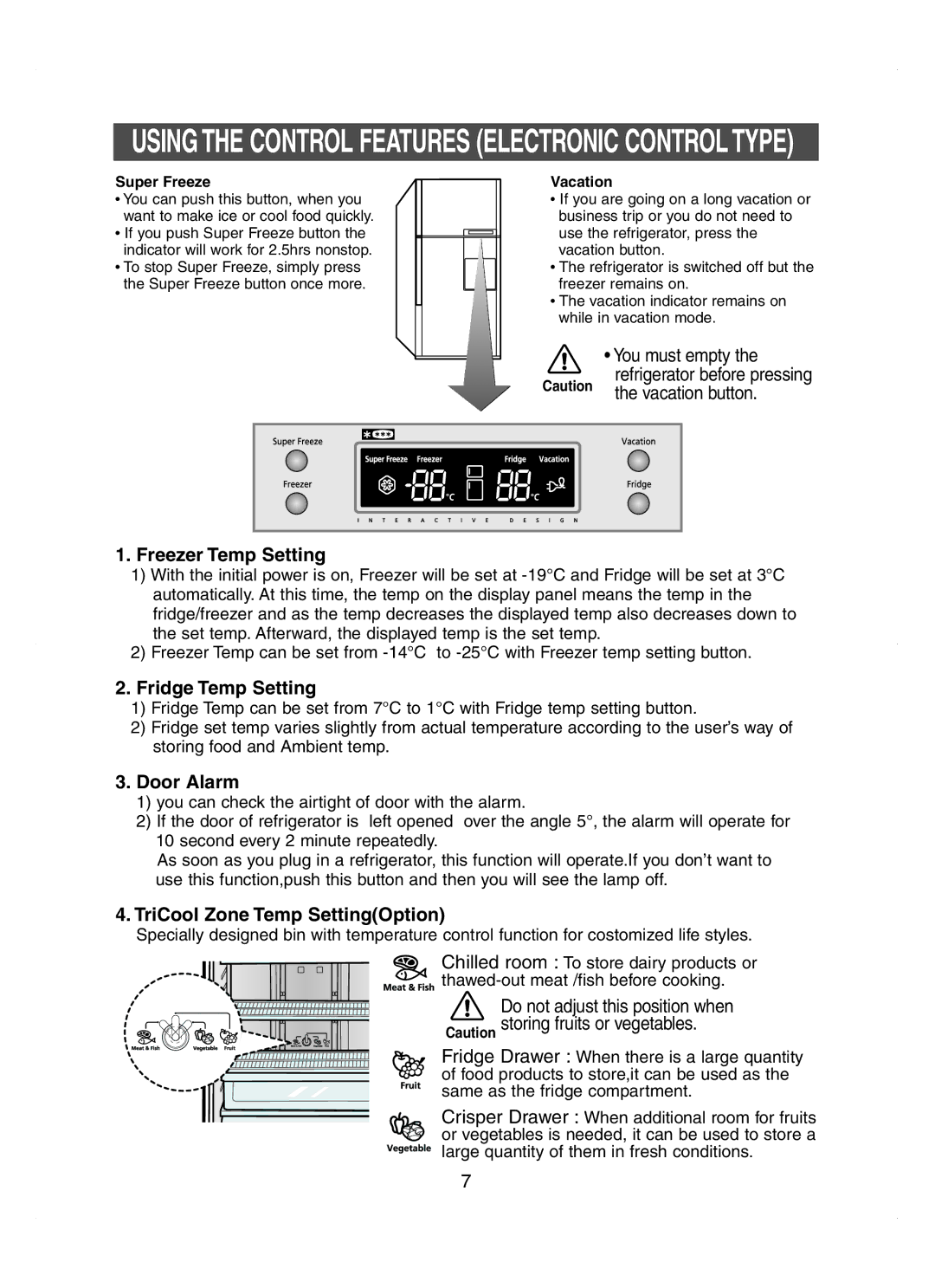 Samsung RT58EANB1/XEK manual Freezer Temp Setting, Fridge Temp Setting, Door Alarm, TriCool Zone Temp SettingOption 