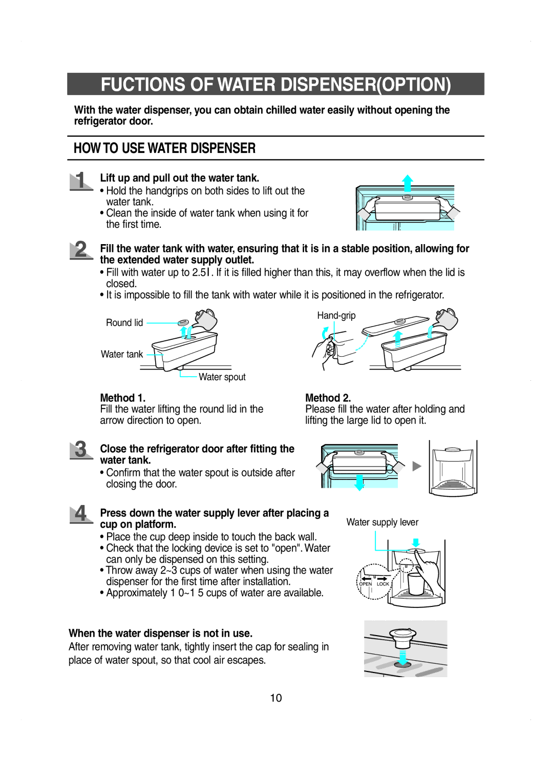 Samsung RT58EAMT1/XEK, RT58EASW1/XEF manual Fuctions of Water Dispenseroption, Lift up and pull out the water tank, Method 