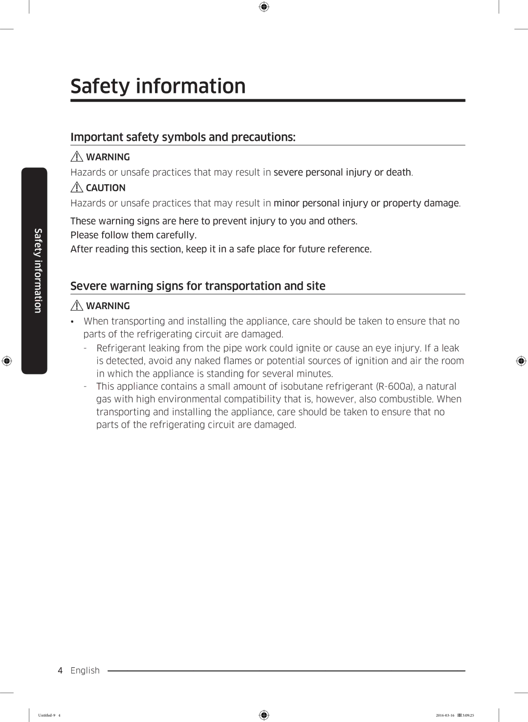 Samsung RT58K7040SL/ML manual Important safety symbols and precautions, Severe warning signs for transportation and site 