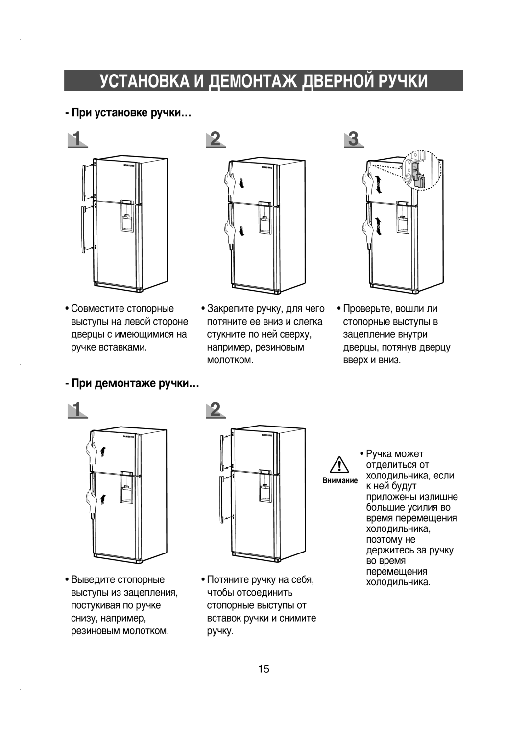 Samsung RT58MANB1/BUS manual ÌëíÄçéÇäÄ à ÑÖåéçíÄÜ ÑÇÖêçéâ êìóäà, ‡ÍÂÔËÚÂ Û˜ÍÛ, ‰Îﬂ ˜Â„Ó, ÔÓÚﬂÌËÚÂ ÂÂ ‚ÌËÁ Ë ÒÎÂ„Í‡ 