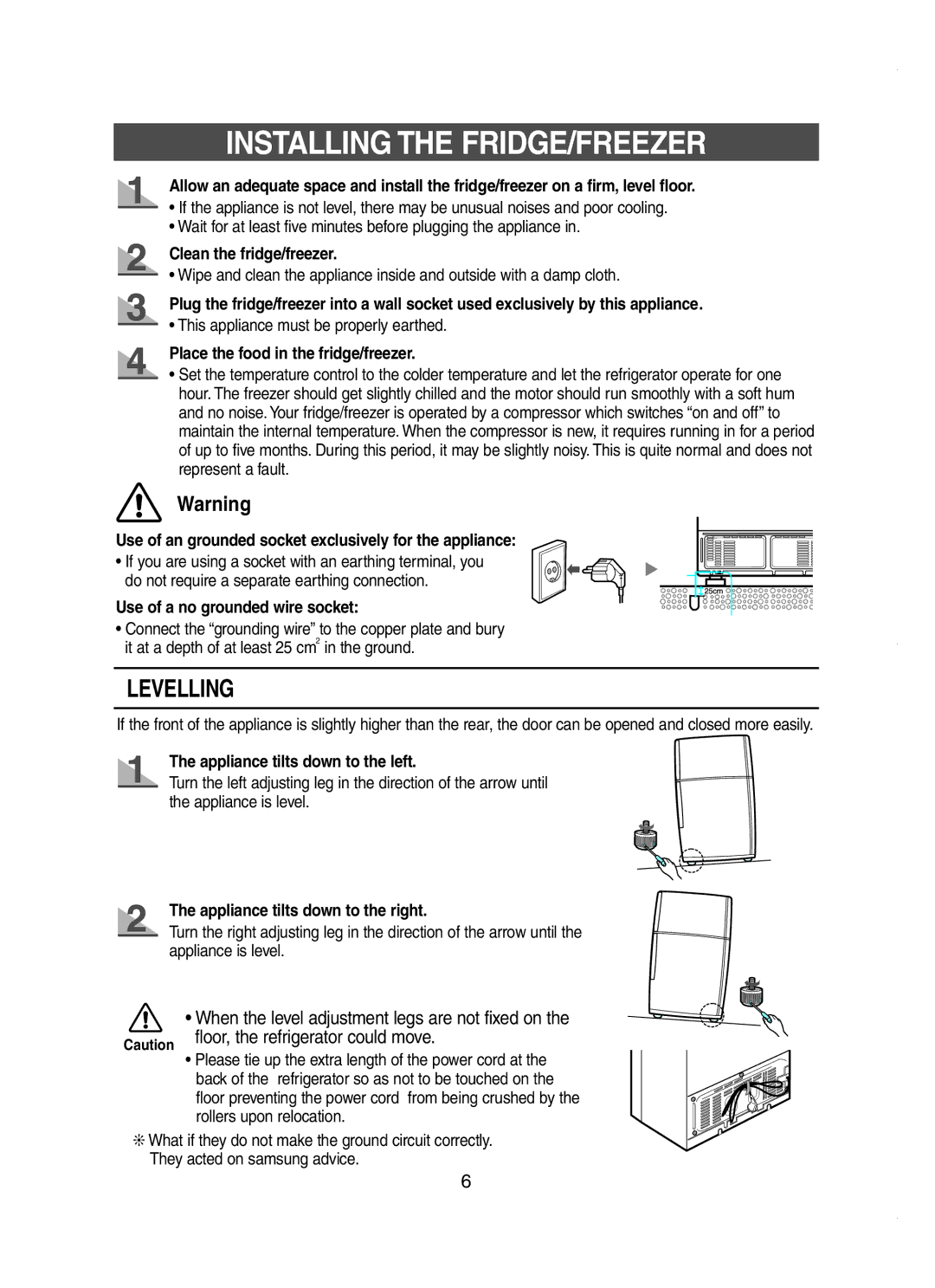 Samsung RT62EDEW1/JUM, RT58MDSM1/SAL manual Installing the FRIDGE/FREEZER, When the level adjustment legs are not fixed on 