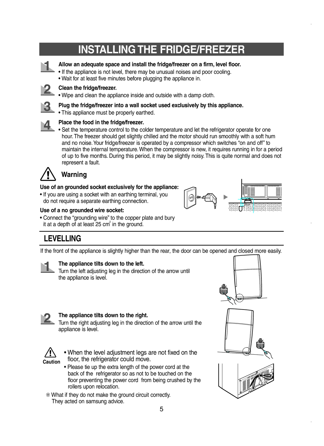 Samsung RT58WASM1/XEH, RT58WASM1/BUL manual Installing the FRIDGE/FREEZER, When the level adjustment legs are not fixed on 