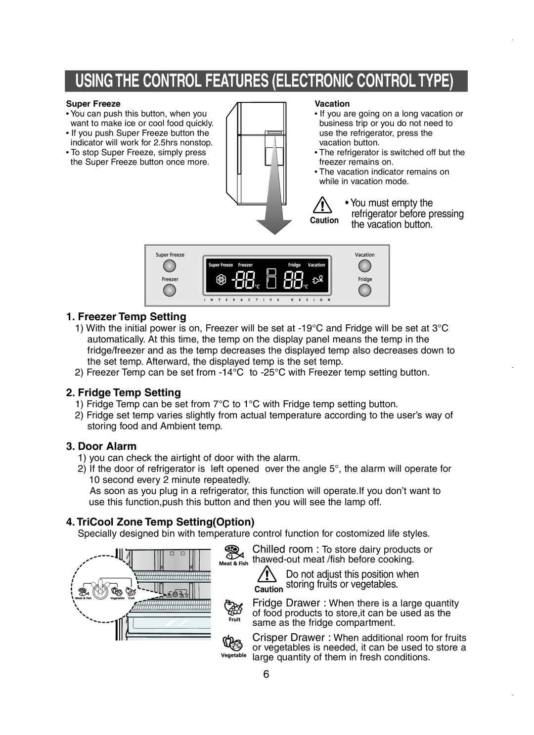 Samsung RT58WASM1/BUL manual Freezer Temp Setting, Fridge Temp Setting, Door Alarm, TriCool Zone Temp SettingOption 