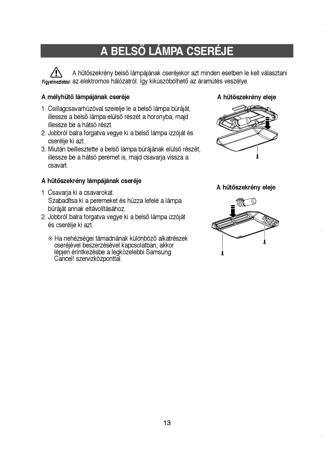 Samsung RT58WASM1/XEH Belsã Lámpa Cseréje, MélyhtŒ lámpájának cseréje, HtŒszekrény lámpájának cseréje HtŒszekrény eleje 