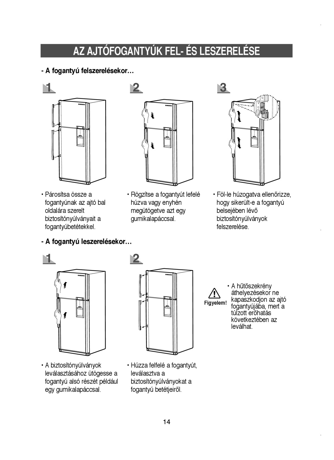 Samsung RT58WASM1/BUL, RT58WASM1/XEH manual AZ Ajtófogantyúk FEL- ÉS Leszerelése 