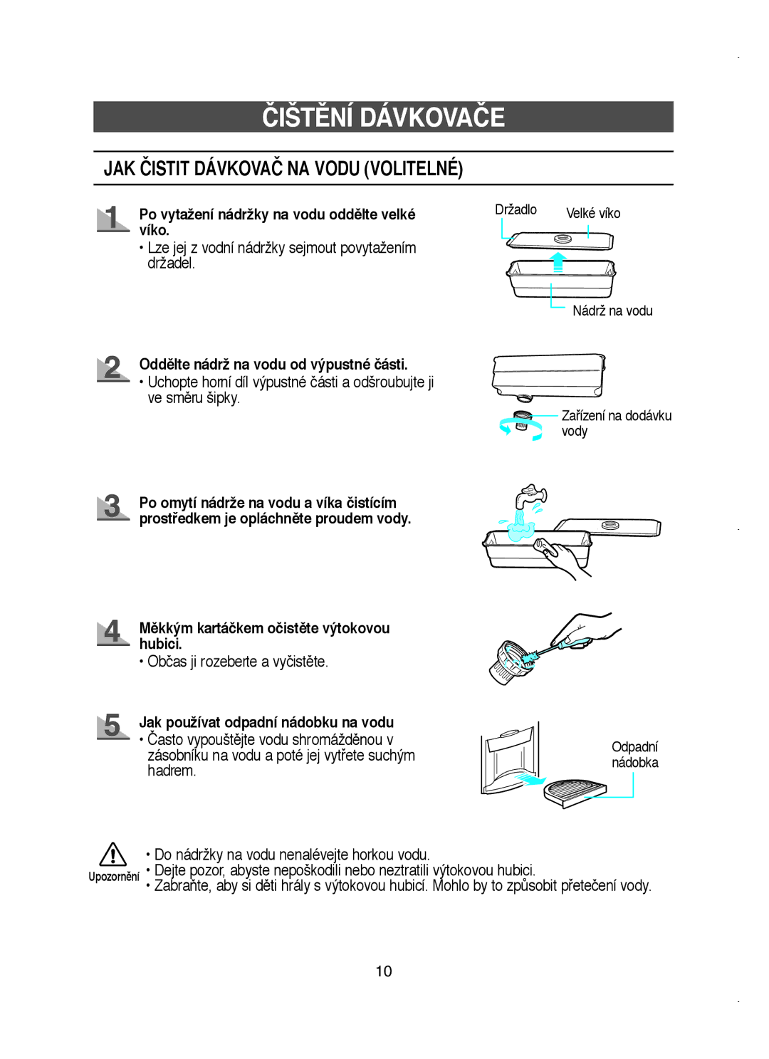 Samsung RT58WASM1/XEH manual Po vytažení nádržky na vodu oddûlte velké, Víko, Oddûlte nádrž na vodu od výpustné části 